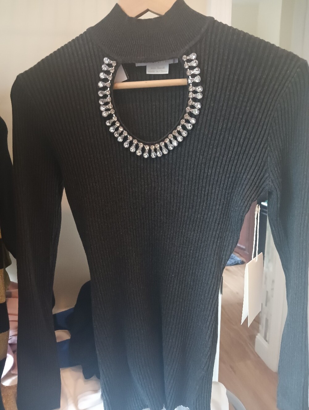 Black Ribbed Mock Neck Sweater with Jewel Cutout